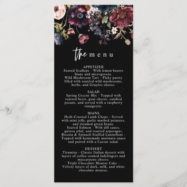 Menu Moody Wedding, Menu Black, Watercolor Floral (Frente)