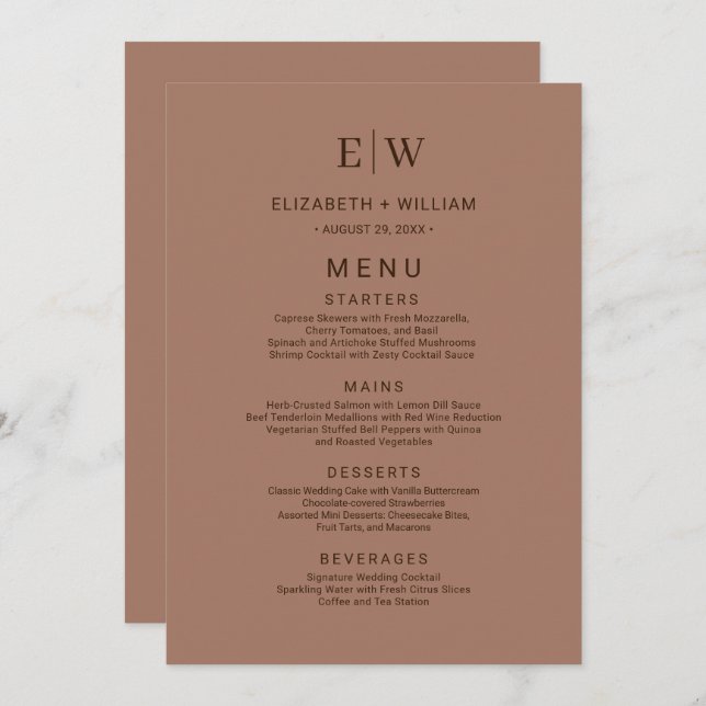 Menu Mousse Simples Elegante Mocha com Casamento Monogr (Frente/Verso)
