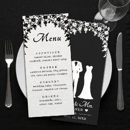 Menu Mr & Mrs Wedding Dress Tuxedo Floral Arch