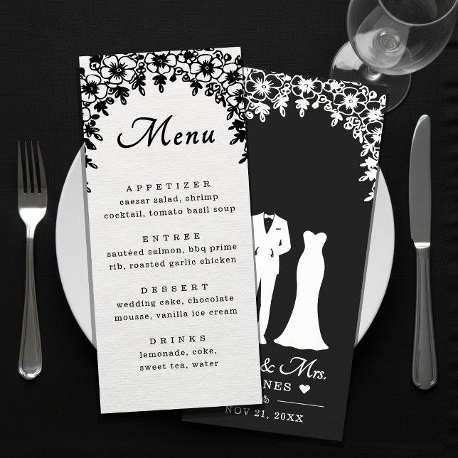 Menu Mr & Mrs Wedding Dress Tuxedo Floral Arch (Criador carregado)