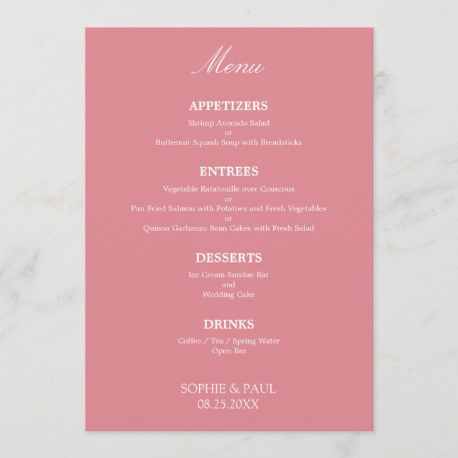 Menu na moda Elegante de Casamento Rosa Espelho (Frente)