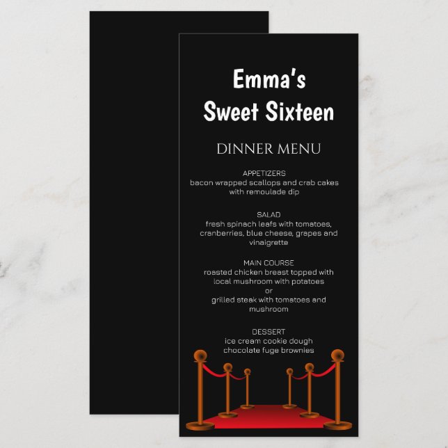 Menu Na moda Red Carpet Hollywood Sweet 16 Aniversário (Frente/Verso)
