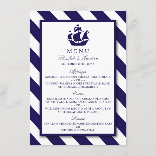 Menu Náutico de Casamento de Navios Azul Marinho (Frente)