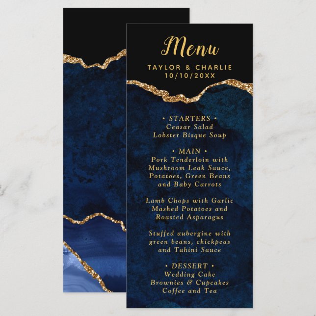 Menu Navy Blue and Gold Agate Marble Wedding (Frente/Verso)