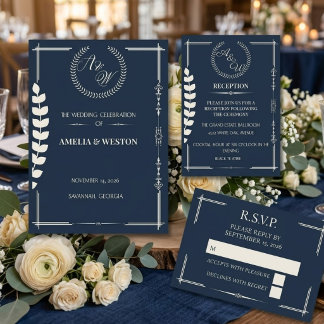 Menu Navy Blue and Ivory Elegant Monogram Wedding