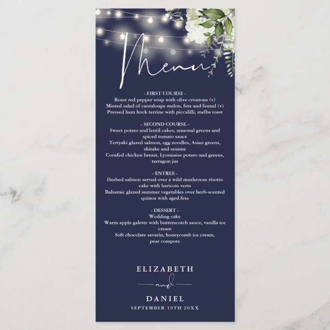 Menu Navy Blue Floral String Lights Wedding Dinner (Frente)