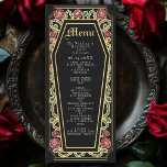 Menu Negra Rosa de Casamento Gótico<br><div class="desc">Adicione um toque de elegância gótica ao seu banquete com estes menus de casamento com uma armação em forma de caixão, adornada com espinhos, rosas e sotaques dourados contra um fundo preto. Perfeito para uma experiência amorosa de jantar romântica! Personalize o texto, a fonte e a cor de fundo para...</div>