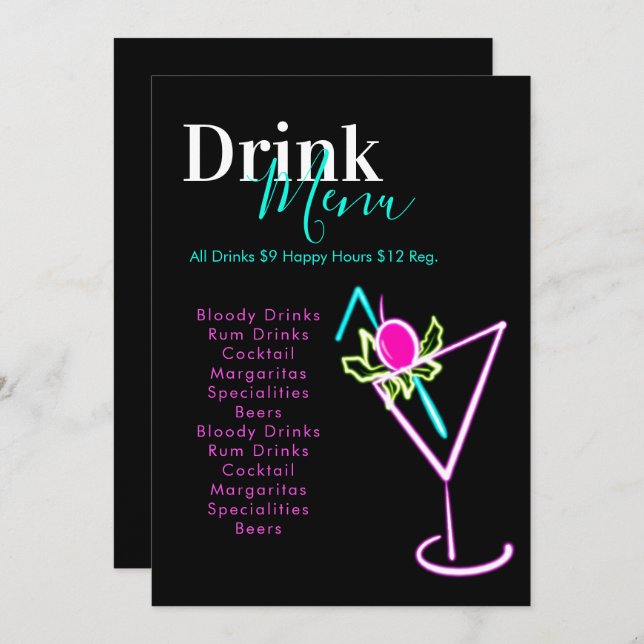 Menu Neon Bar Club Restaurant Drink (Frente/Verso)