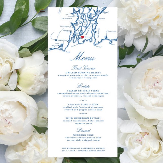 Menu Newport Rhode Island Map Elegant Navy Script (Newport RI Wedding Menu with Elegant navy Blue Narragansett Bay Map from Coastal Map Designs)