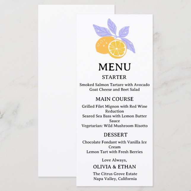 Menu Noiva de Limão Desenhada à Mão Minimalista (Frente/Verso)