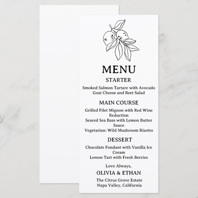 Menu Noiva de Limão Desenhada à Mão Minimalista (Frente/Verso)