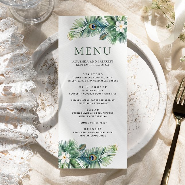 Menu Noiva de penas de pavão tropical verde indiano (Criador carregado)