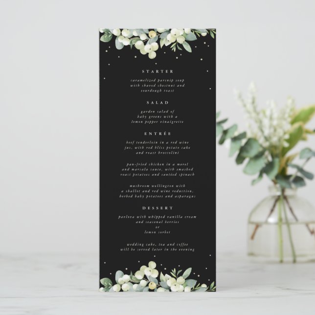 Menu Noiva de Quatro Pratos Preto com Snowberry+Eucalip (Em pé/Frente)