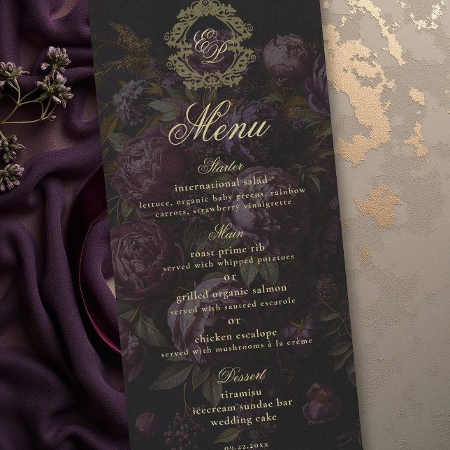 Menu Noiva de Vitória Lace Botânico Crista Casamento Es (moody wedding invitation suite victorian lace dark purple burgundy peony old gold crest romantic)