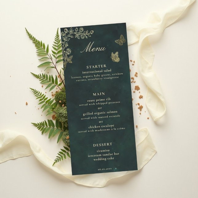 Menu Noivado Mágico Esmeralda Floresta Fairycore (fairycore woodland enchanted forest emerald green faux gold wedding menu butterflies roses wild)