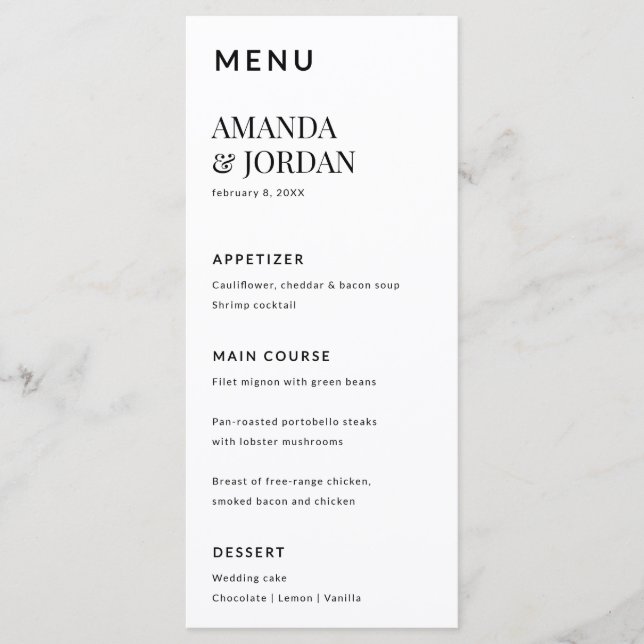 Menu Noivado Mínimo Luxo Preto e Branco (Frente)