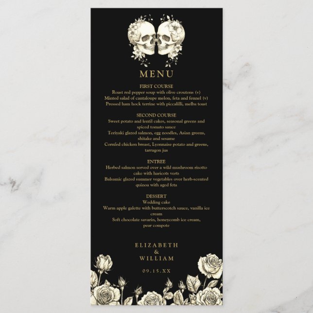 Menu Noivas góticas flores preto e dourado Casamento gó (Frente)