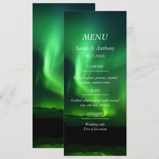 Menu Norte Luzes Aurora Borealis Comida de Casamento (Frente/Verso)