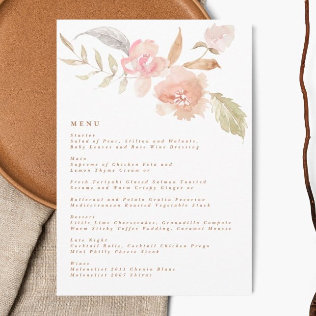 Menu Nude Romântica Watercolor Florals Casamento (Criador carregado)