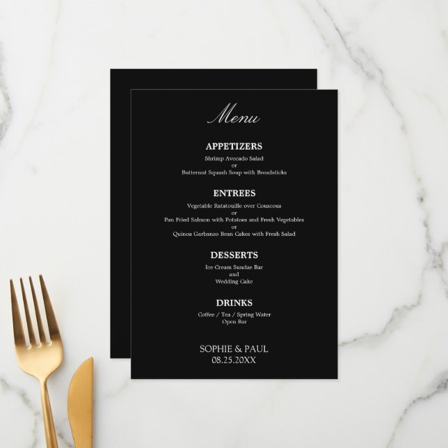 Menu Nupcial Elegante Na moda Branco Negro (Frente/Verso In Situ)