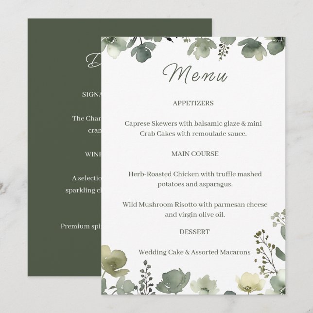 Menu Olive Floral Wedding (Frente/Verso)