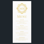 Menu Ornamentado Floral Monograma Casamento Elegante Do<br><div class="desc">Ornamentado Floral Monograma Elegante Dourado de Casamento apresenta suas iniciais personalizadas em monogramas elegantes,  cercadas por um quadro floral ornamental e uma camada de texto personalizada. Adicione um pouco de estilo e sofisticação à sua experiência de jantar de casamento com estes menus refinados. Criado pelo Evco Studio www.zazzle.com/store/evcostudio</div>