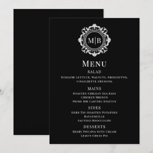 Menu Ornamentado Floral Monograma Preto de Casamento Br