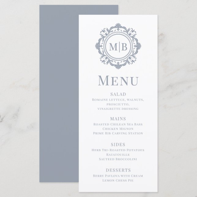 Menu Ornamentado Floral Monograma Silver Elegante De Ca (Frente/Verso)