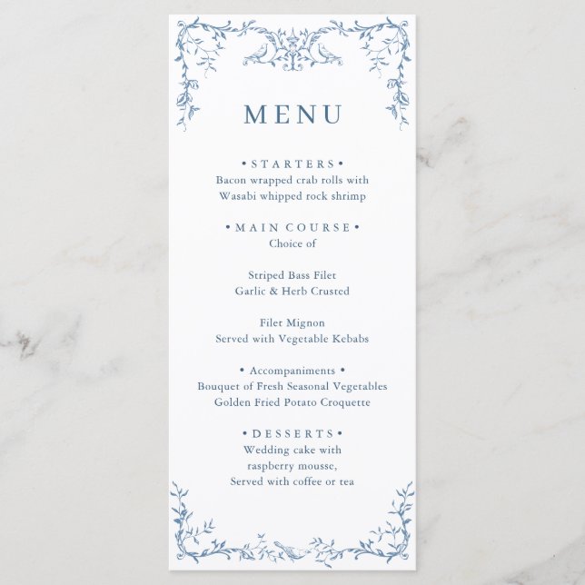 Menu Ornamentado Victoriano Dusty Blue Floral Casamento (Frente)