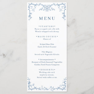 Menu Ornamentado Victoriano Dusty Blue Floral Casamento