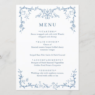 Menu Ornamentado Victoriano Dusty Blue Floral Casamento