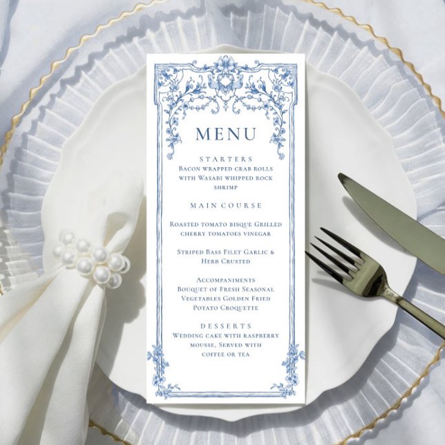 Menu Ornamentado vitoriano Grace Floral Blue WedJanto (Criador carregado)