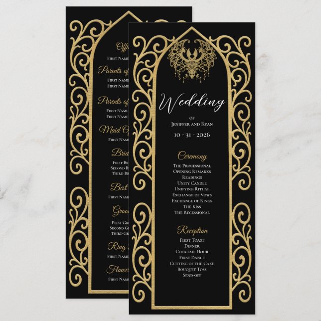 Menu Ornate Border black and gol Gothic Wedding Program (Frente/Verso)