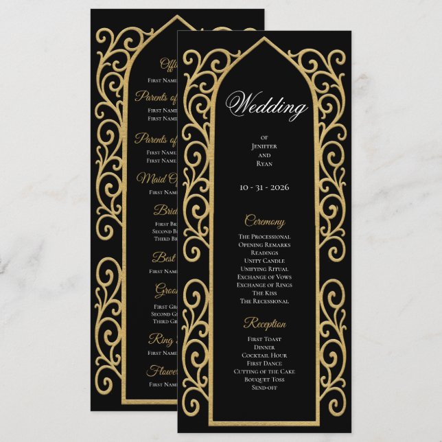 Menu Ornate Border black and gol Gothic Wedding Program (Frente/Verso)