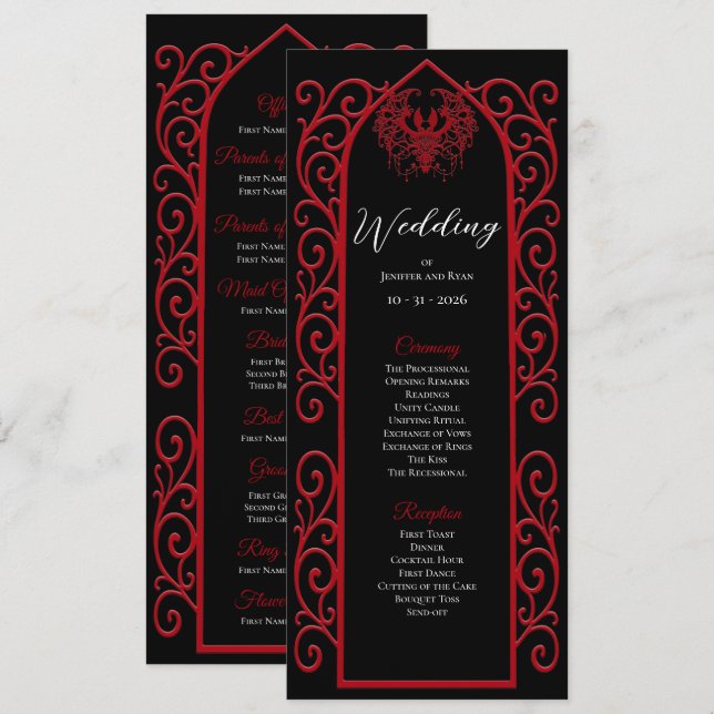 Menu Ornate Border black and red Gothic Wedding Program (Frente/Verso)