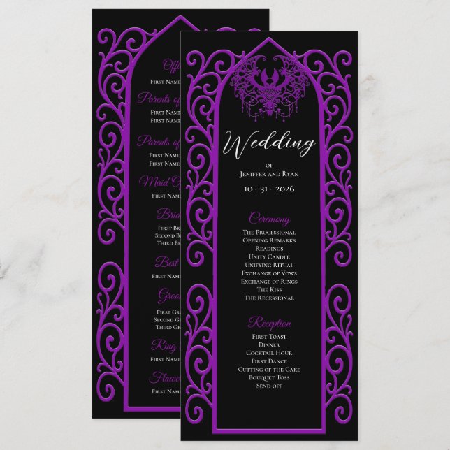 Menu Ornate purple border Gothic Wedding Program (Frente/Verso)