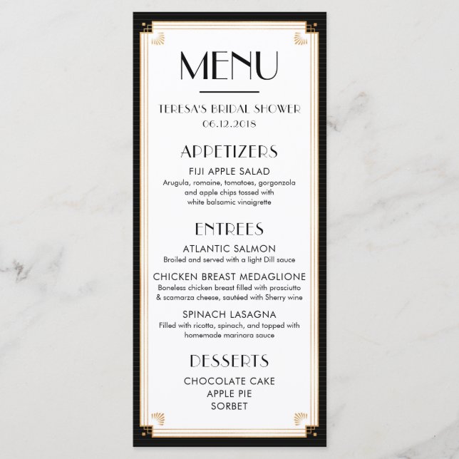 Menu os anos 20, art deco, chá de panela, casamento, (Frente)