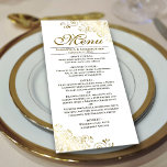 Menu Ouro Elegante Amigos no Casamento Branco<br><div class="desc">Este belo menu irá adicionar algum estilo à sua recepção de casamento. Ele apresenta um belo design com ornamentado de caramujos de folha de alumínio e espirais em um fundo branco clássico. Há espaço para os nomes do casal e da data do casamento,  e o texto é totalmente personalizável.</div>