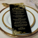 Menu Ouro Elegante Amigos no Casamento Negro<br><div class="desc">Este belo menu irá adicionar algum estilo à sua recepção de casamento. Ele apresenta um belo design com ornamentado de caramujos de folhas falsas e espirais em um fundo preto clássico. Há espaço para os nomes do casal e da data do casamento, e o texto é totalmente personalizável. Elegante, elegante,...</div>