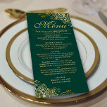 Menu Ouro elegante Amigos no Casamento Verde Esmeralda<br><div class="desc">Este belo menu irá adicionar algum estilo à sua recepção de casamento. Apresenta uma bela design com caramujos de folha falsa de ouro ornamentado e espirros num fundo verde esmeraldo e colorido. Há espaço para os nomes do casal e da data do casamento, e o texto é totalmente personalizável. Elegante,...</div>
