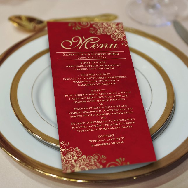 Menu Ouro Elegante Amigos no Casamento Vermelho Crimson (On Plate)