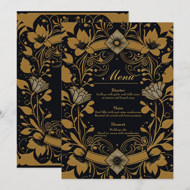 Menu Ouro elegante e design preto (Frente/Verso)