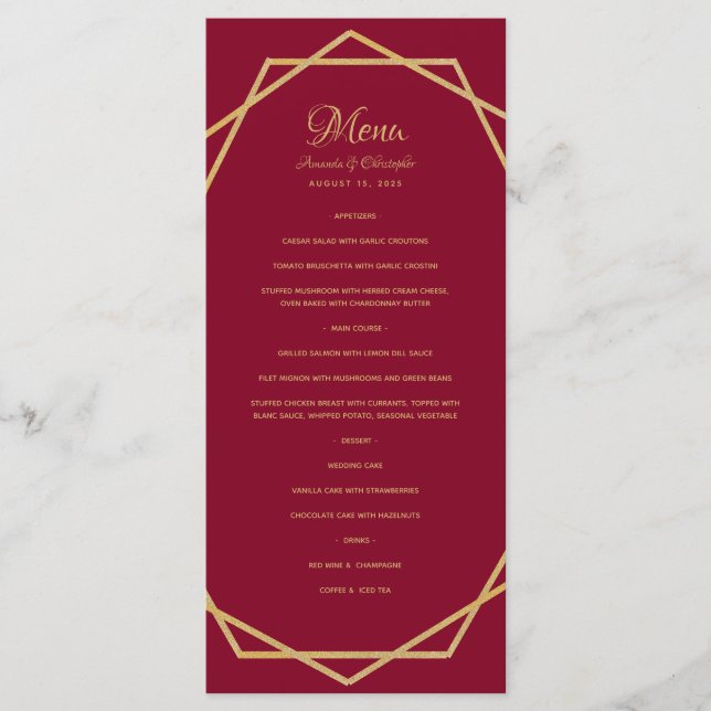 Menu Ouro Moderno em Casamento Geométrico Vermelho Borg (Frente)