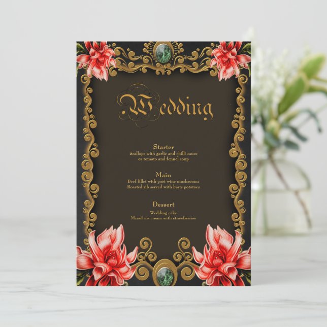 Menu Ouro real e design floral vermelho (Em pé/Frente)