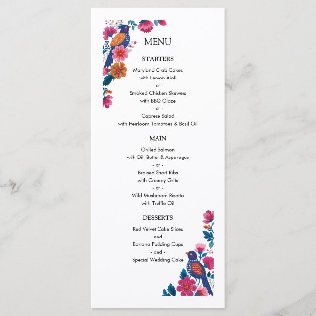 Menu Padrão de Casamento de Pássaros e Flores Folclóric (Frente)