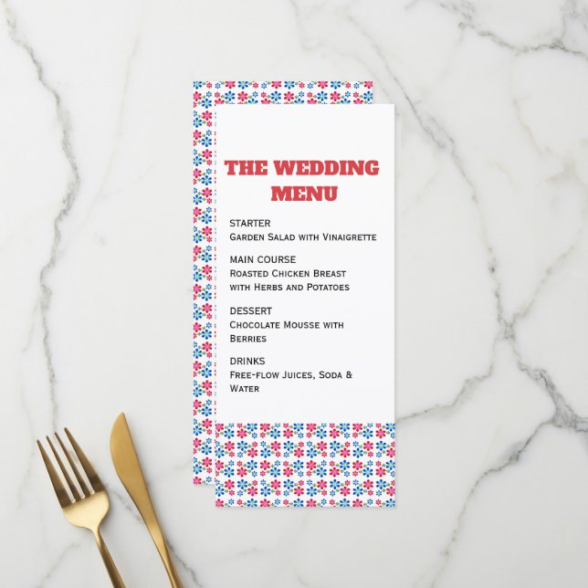 Menu Padrão de casamento moderno vibrante com flores,  (Frente/Verso In Situ)