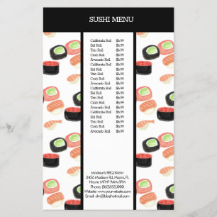 Menu Padrão de Cores d'Água do Restaurante Sushi