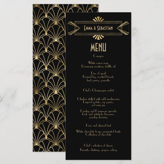 Menu Padrão de fam preto e dourado deco Casamento (Frente/Verso)