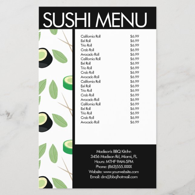 Menu Padrão do Restaurante Asiático de Roll Sushi (Frente)