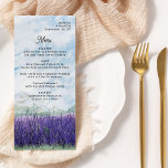 Menu Paisagem de Lavanda de Aquarela de Montanha<br><div class="desc">Cardápio de Casamento de Montanha, perfeito para uma estância de casamento de montanha ou para um casamento de destino no campo cênico. A design apresenta a tipografia moderna e uma paisagem de aquarela idílica. A cena da cordilheira de montanha sonhadora retrata montanhas, colinas verdes e um campo pacífico do vale...</div>